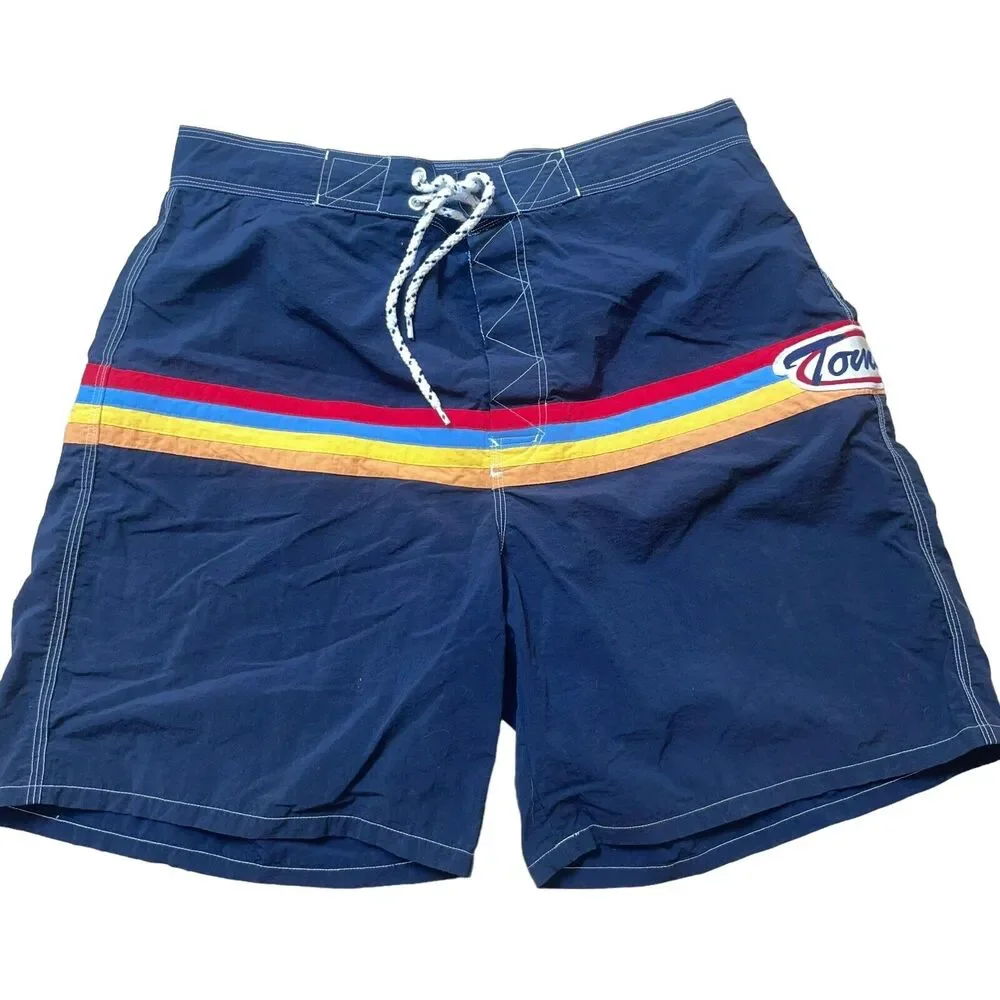 Vtg Tommy Hilfiger Men's L Board Shorts Swim Trunks Navy w. Stripe